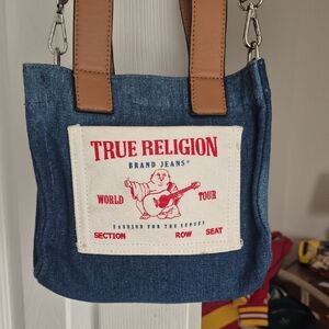 True Religion Blue and Tan Mini Denim Bag